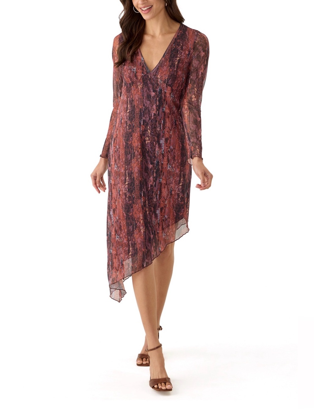 OAK & TRELLIS Long Sleeve V-Neck Asymmetrical Hem Dress in Rust Multi. NWT